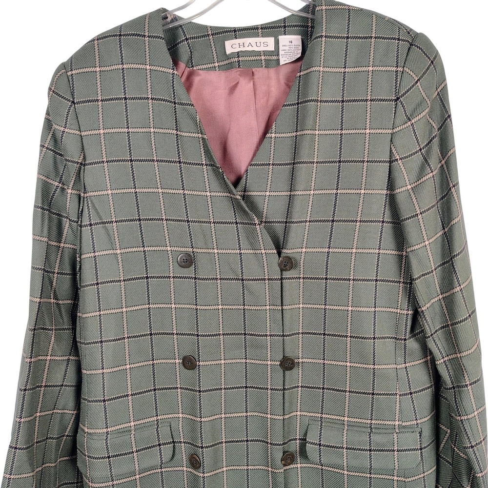 Chaus Womens SZ 16 Blazer Sage Green Plaid Wool Blend Academia Retro